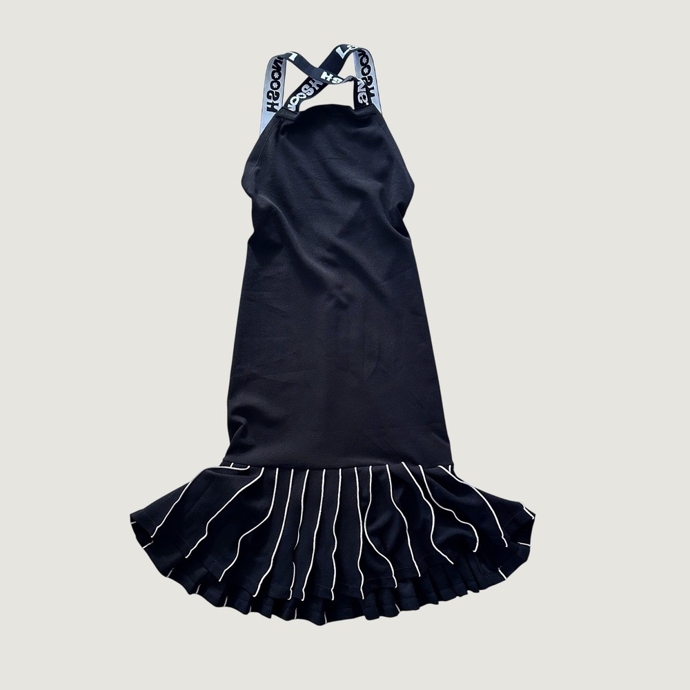 Lanoosh Girls Black Halter Dress Logo Straps Pleated Mermaid Hem Size M NEW